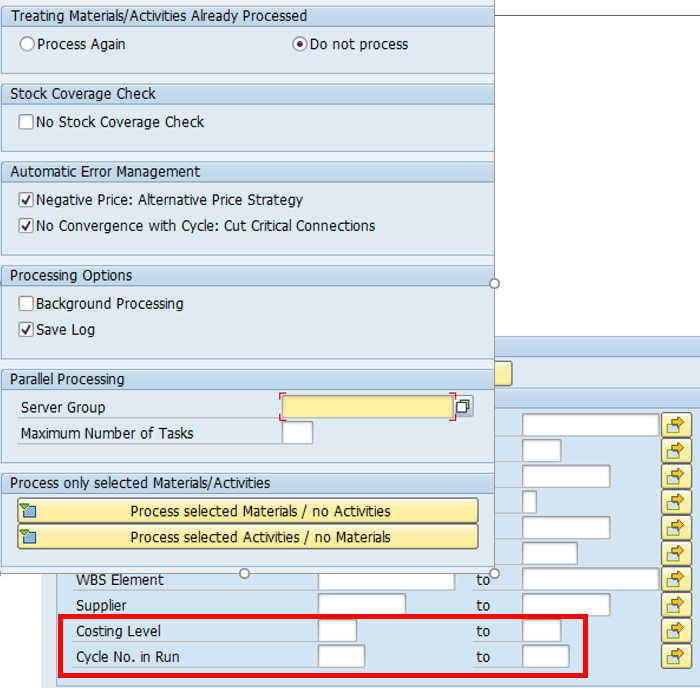 SAP CKMLCP Settlement step parameters dialog — actual SAP GUI screenshot showing the parameter sections: Treating Materials/Activities Already Processed (Process Again vs Do not process radio buttons), Stock Coverage Check (No Stock Coverage Check checkbox), Automatic Error Management (Negative Price Alternative Price Strategy checkbox ticked, No Convergence with Cycle Cut Critical Connections checkbox ticked), Processing Options (Background Processing, Save Log ticked), Parallel Processing (Server Group and Maximum Number of Tasks fields), Process only selected Materials/Activities buttons, and a highlighted red box at the bottom showing the new 1610 fields Costing Level and Cycle No. in Run which let you re-run Settlement from a specific costing level onwards