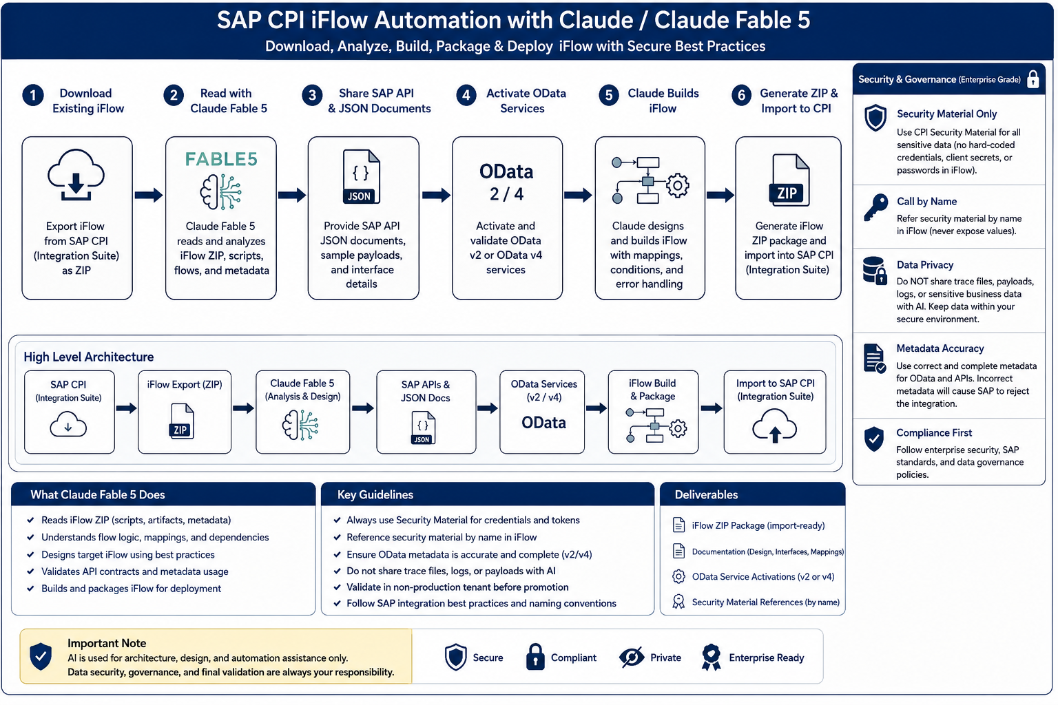 SAP CPI iFlow Automation with Claude Fable 5 — complete 6-step pipeline diagram showing Download, Read, Share APIs, Activate OData, Claude Builds iFlow, and Generate ZIP stages with High Level Architecture and Security Governance panel