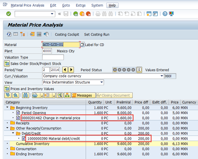SAP CKM3 Material Price Analysis showing late price change and back-postings — actual SAP GUI screenshot for material ACT-LCD-01 plant 6000 Mexico City period 2 2016 with all-green period status, current valuation Company code currency, view Price Determination Structure with closing entry "Values Entered" and KOK indicator; data tree showing Beginning Inventory 1,600 PC 9,600.00 PrelimVal 0.00 PriceDiff; Period Opening sub-row with document 0000201462 Change in material price for 1,600 PC and 8,000.00 PrelimVal 200.00 PriceDiff in red box; Receipts 0 PC; Other Receipts/Consumption with Debit/Credit sub-row 0 PC with document 1000000390 Material debit/credit for 0 PC and 200.00 PrelimVal 200.00 PriceDiff in red box; Cumulative Inventory 1,600 PC 9,600.00 PrelimVal 200.00 PriceDiff; Consumption 0 PC; Ending Inventory 1,600 PC 9,600.00 PrelimVal 200.00 PriceDiff