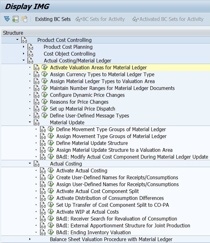 SAP IMG Display screen showing the Actual Costing Material Ledger customizing nodes — actual SAP GUI screenshot showing the IMG tree expanded under Product Cost Controlling with Product Cost Planning and Cost Object Controlling siblings; Actual Costing/Material Ledger subtree shows nodes Activate Valuation Areas for Material Ledger highlighted in yellow, Assign Currency Types to Material Ledger Type, Assign Material Ledger Types to Valuation Area, Maintain Number Ranges for Material Ledger Documents, Configure Dynamic Price Changes, Reasons for Price Changes, Set up Material Price Dispatch, Define User-Defined Message Types; Material Update subtree with Define Movement Type Groups of Material Ledger, Assign Movement Type Groups of Material Ledger, Define Material Update Structure, Assign Material Update Structure to a Valuation Area, BAdI: Modify Actual Cost Component During Material Ledger Update; Actual Costing subtree with Activate Actual Costing, Create User-Defined Names for Receipts/Consumptions, Assign User-Defined Names for Receipts/Consumptions, Activate Actual Cost Component Split, Activate Distribution of Consumption Differences, Set Up Transfer of Cost Component Split to CO-PA, Activate WIP at Actual Costs, BAdI Receiver Search for Revaluation of Consumption, BAdI External Apportionment Structure for Joint Production, BAdI Ending Inventory Valuation; bottom shows Balance Sheet Valuation Procedure with Material Ledger node