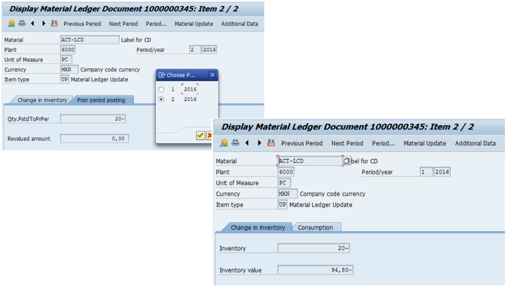 SAP Display Material Ledger Document 1000000345 Item 2 of 2 — actual SAP GUI screenshot showing the ML document detail view with material ACT-LCD plant 6000 unit of measure PC currency MXN Company code currency item type UP Material Ledger Update period/year 2 2016; tabs visible Change in inventory and Prior period posting; Change in inventory tab shows Inventory minus 20 quantity, Inventory value minus 94.80; period selection popup showing two options Choose Period radio buttons 1 2016 and 2 2016 with 2 2016 selected showing what period the prior-period posting affects; secondary screen variant showing Qty.PstdToPrPer minus 20 and Revalued amount 0.00 with the Prior period posting tab highlighted